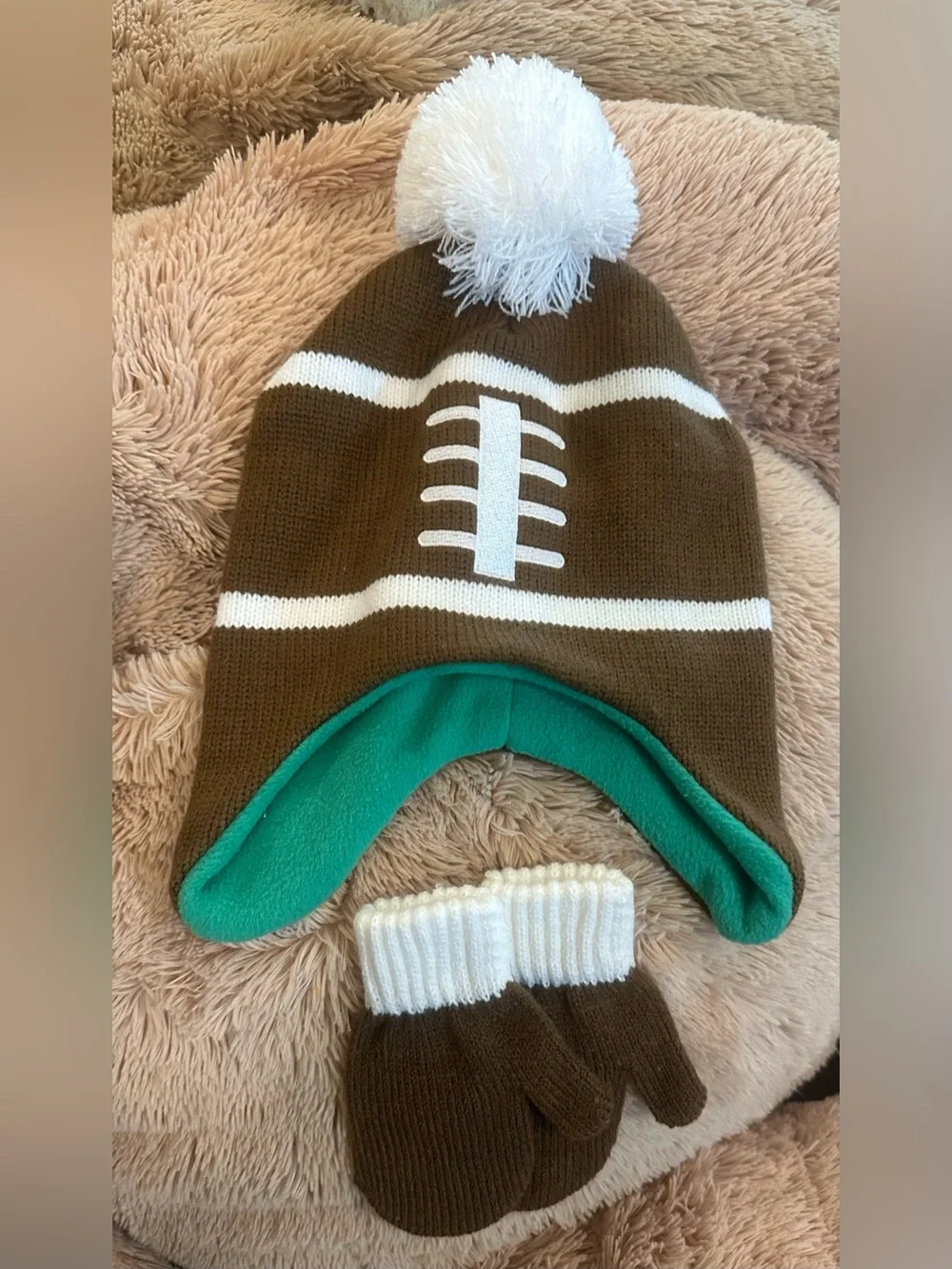 F-26 Kids Football Beanie and Mittens Set - Brown & White - Like New -Never worn